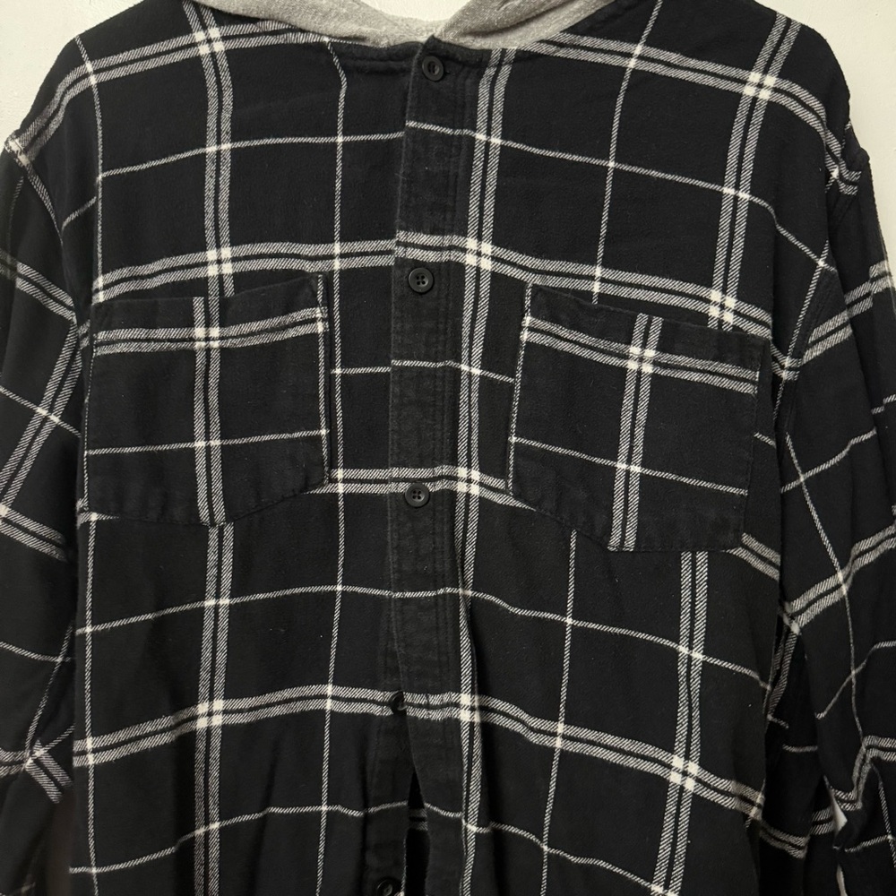 Black Plaid Button-Up Shirt with Hood